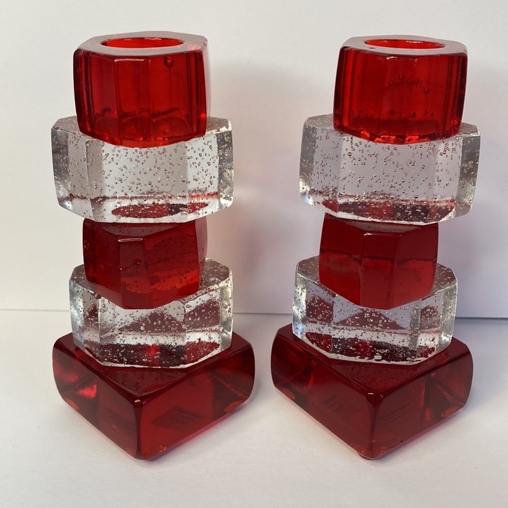 Riverside Studios Red clear geometric glass candleholders handmade